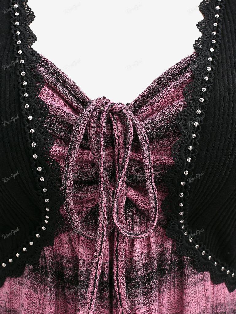 Rosegal Plus Size Cinched Ruched Striped Knitted Cami Top and Rivet Lace Trim Ribbed Textured Crop Sweater (Adjustable Shoulder Strap)