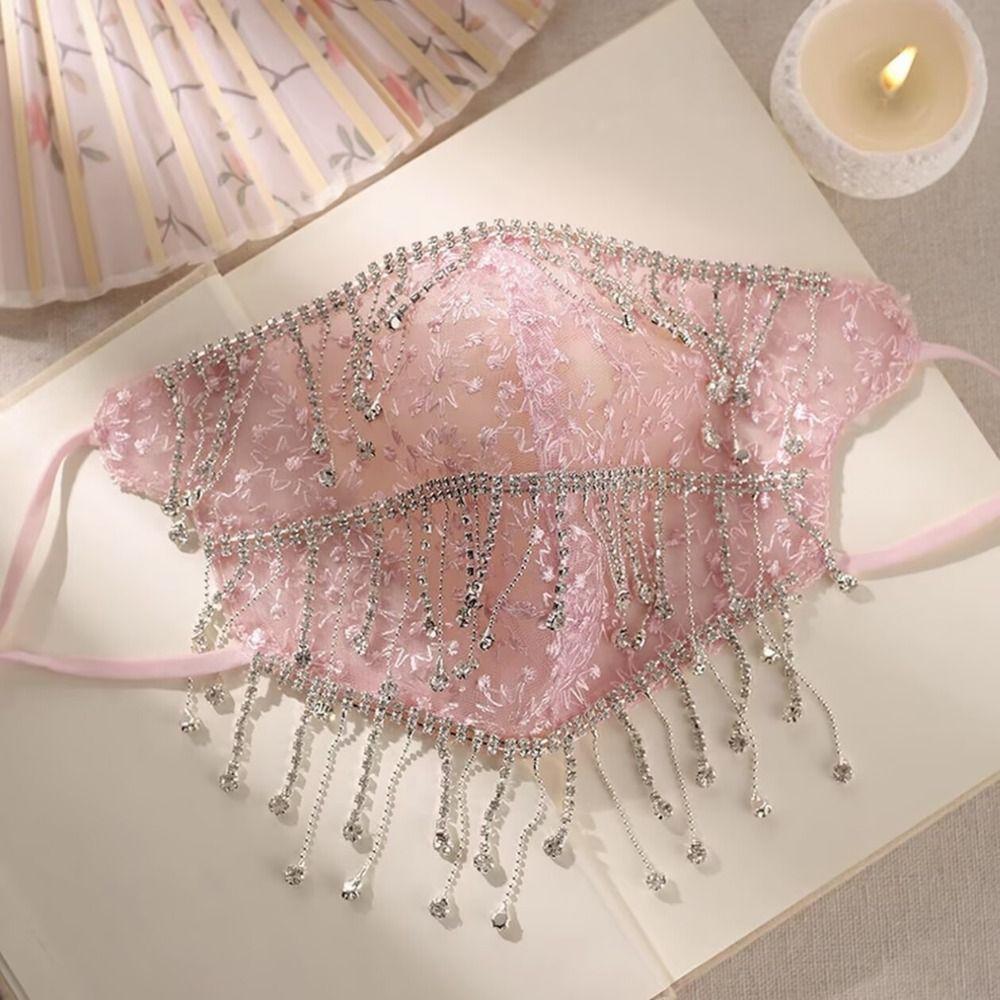 Strass Damen Schleier Maske Atmungsaktives Netz Quastenmaske Elegante Cosplay Maske Kostümzubehör