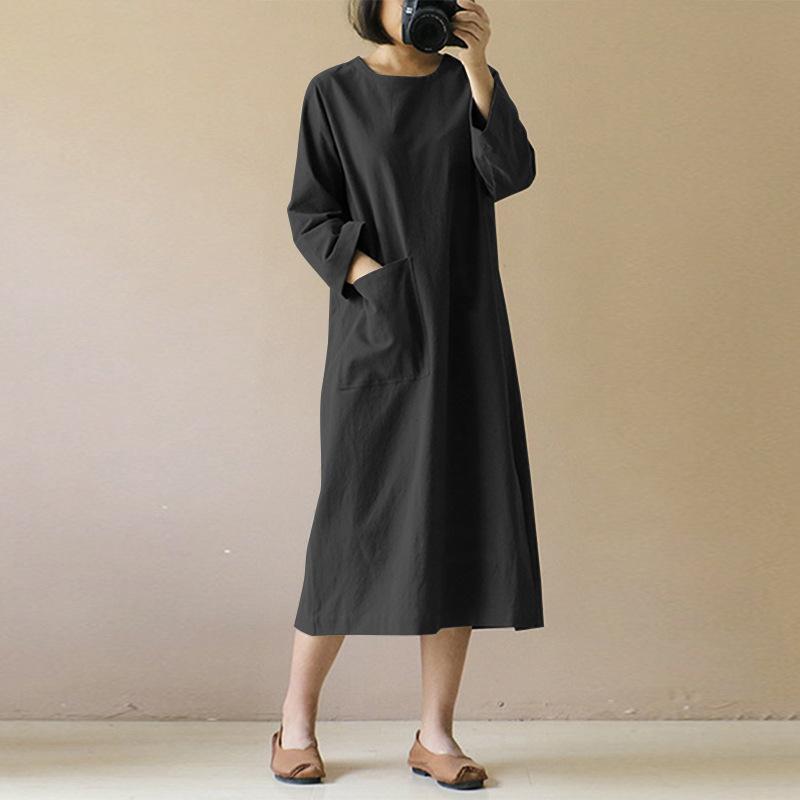 Abito midi in cotone e lino taglie forti da donna con tasche - Abito artistico vintage a maniche lunghe in stile giapponese per donne taglie forti