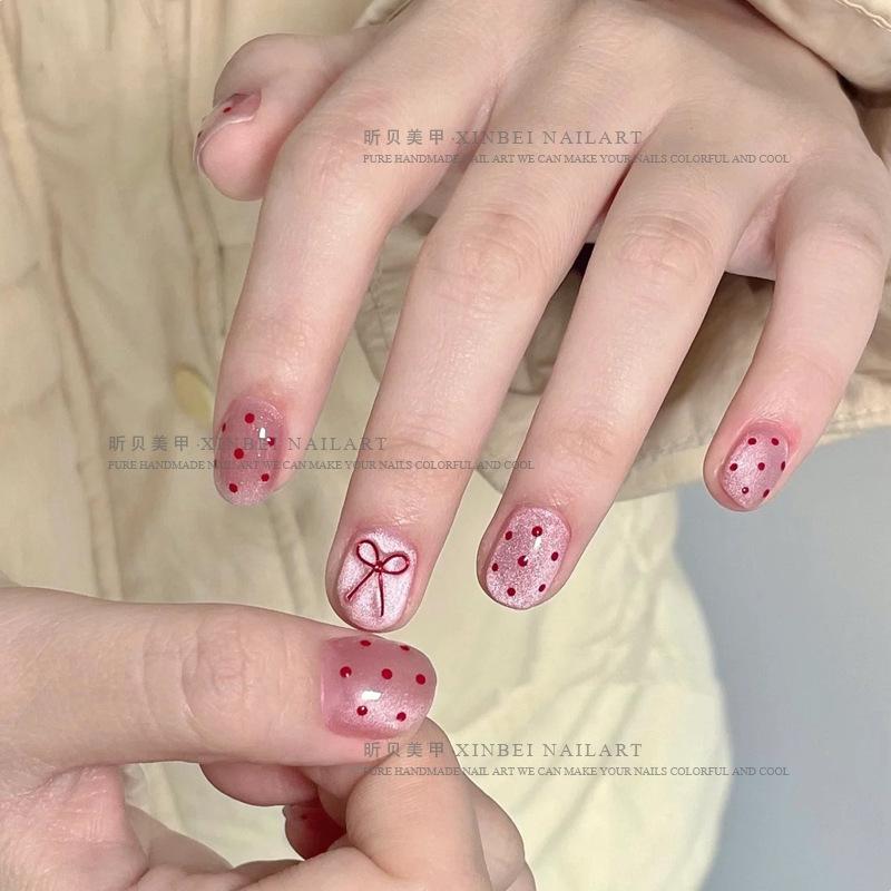 10pcs Ballet Short Nail Tips Set-Glossy Finish Polka Dot & Solid Color Designs with 3D Bow Accents Nail Art for Women and Girls