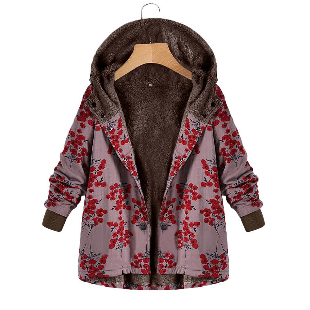  Womens Winter Warm Outwear Floral Print Hooded Pockets Vintage Oversize Coats