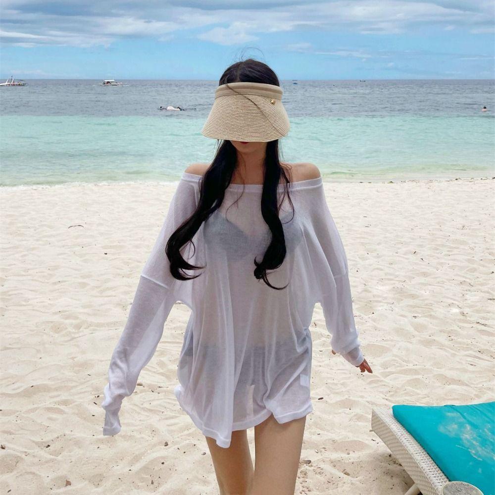 Bikini Cover Up Sun-protection Pullovers Summer Beach Wear Plain Long Sleeves Tops Girls