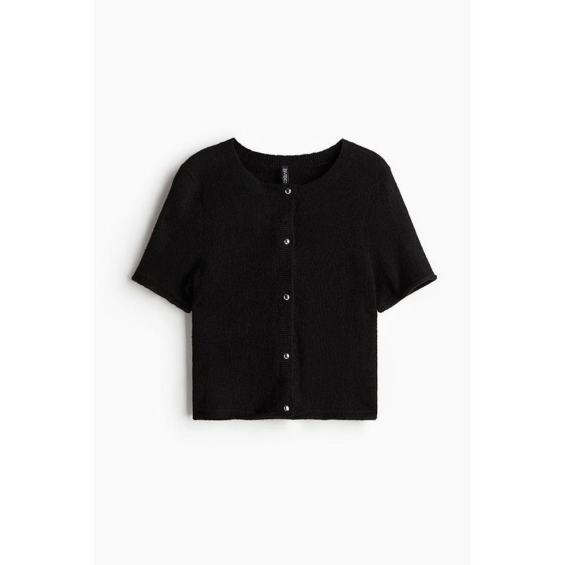 

HM Women s Clothing Fall 2025 New Arrival Fine Knitting Short Sleeve Cardigan 1271644 Black 155/80