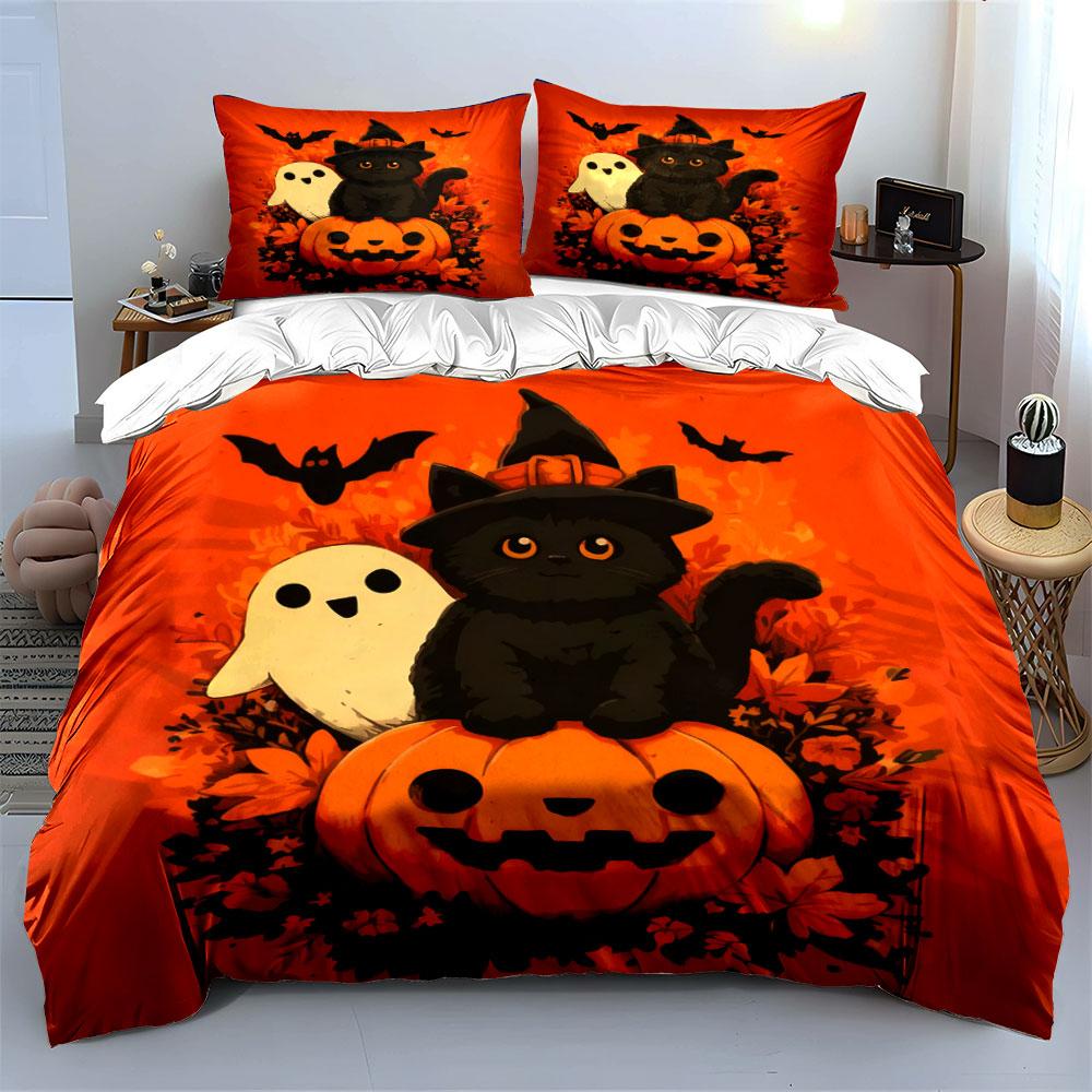 Halloween Decor Pumpkin Ghost Cat Soft Comfortable Duvet Cover Bedding Set Included 1*Duvet Cover & 2*Pillowcases, Gift