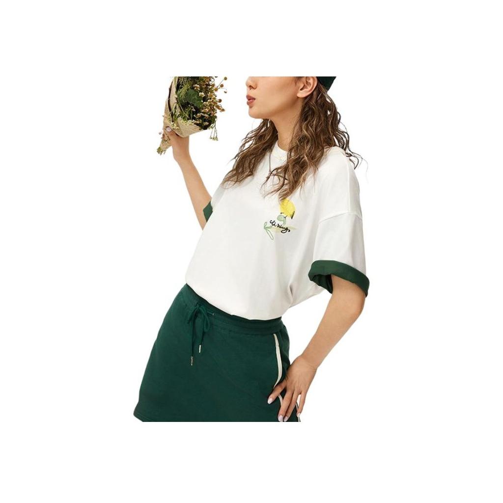 Li Ning Chinese Culture Series Printed Pattern Loose Casual Short Sleeve Drop Shoulder T-Shirt Women T-Shirt Off-White AHSU338-1