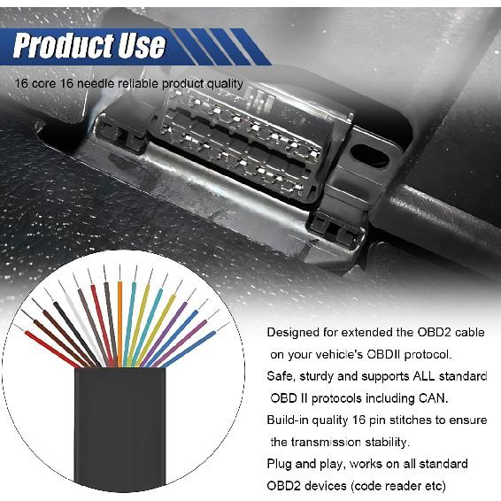 ZIMISI OBD2 Extension Cable, 16Pin Male to Female Flat Ribbon Extension Cord, Low Profile OBD2 Diagnostic Splitter for Scan Tool, GPS, and Code