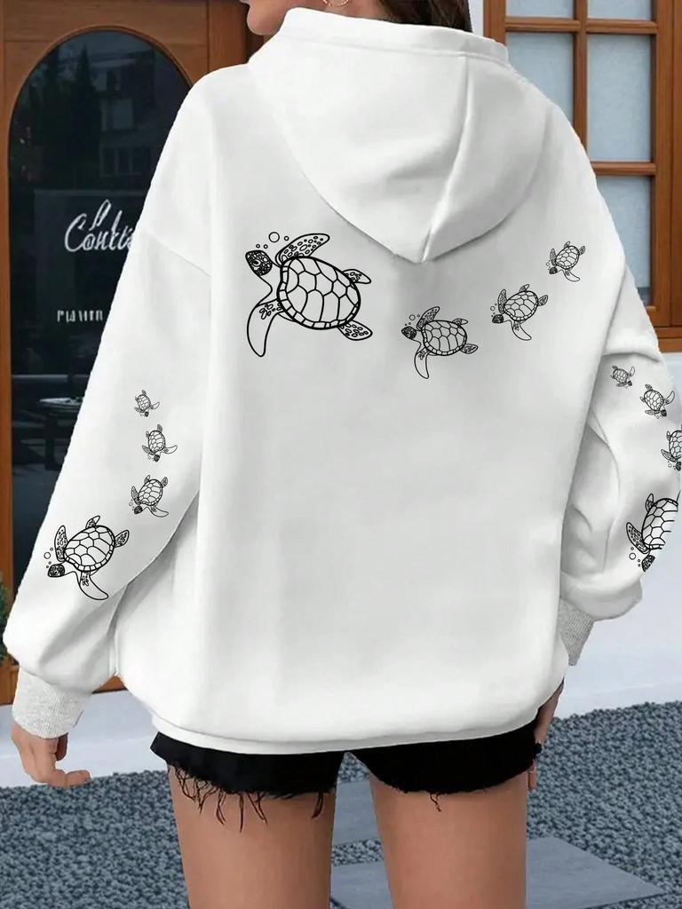 Creative turtle swimming print men's and women's hooded sweatshirt, autumn and winter casual warm sports top, adult fashion clothing