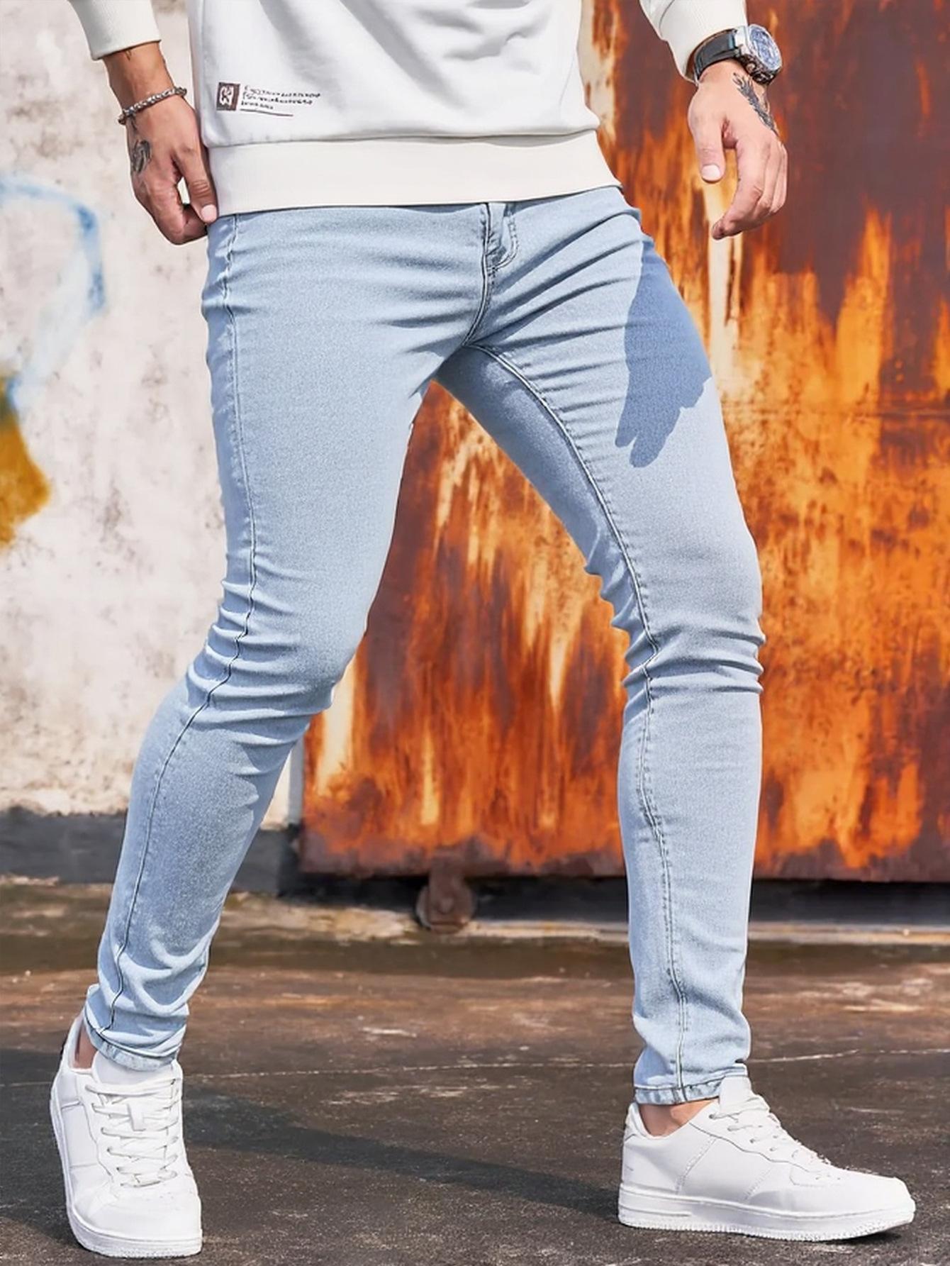 Men S Blue Jindian High Street Trend Ripped Small Feet Slim Men S Jeans Trousers XS светло-синий