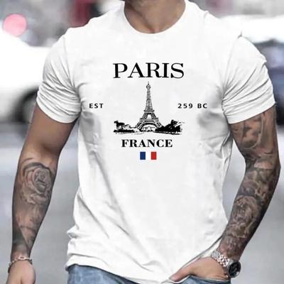 Męski T-shirt z nadrukiem Paryża, z okrągłym dekoltem, modny, letni, wiosenny, w stylu sportowym, wygodny krój, z krótkim rękawem, sportowy, wygodny