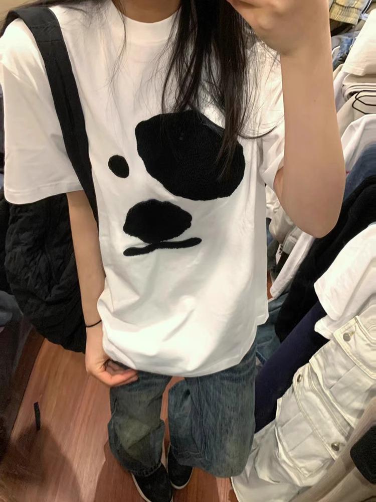 

Women s Abstract Puppy Print Oversized White T-Shirt - Retro Summer Casual Short Sleeve Top L білий
