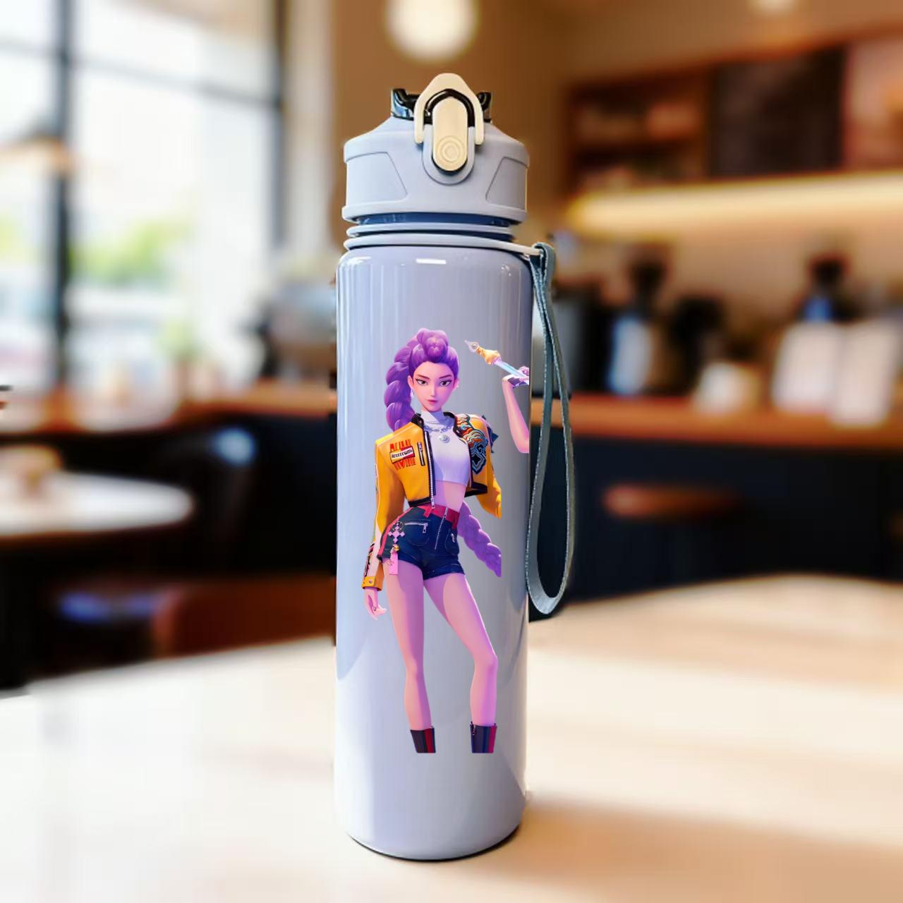 Cartoon Pretty Girl Pattern Water Bottle, 3D Textured Design For Gym, Running & Cycling,High-Quality PC Material,PVC-Free,Gift синий