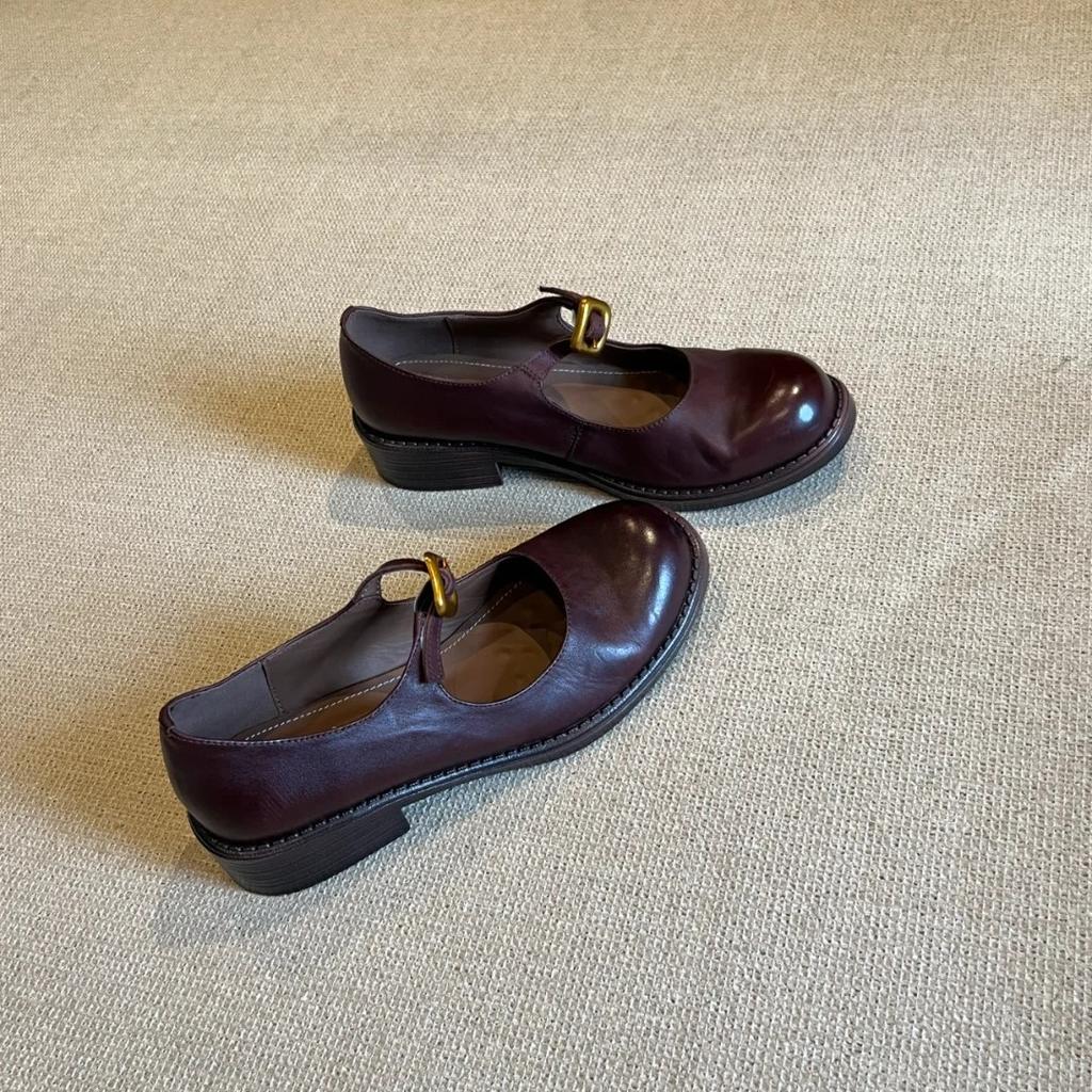 Cowhide Version Retro British Style French Leather Shoes with Mary Jane Shoes Women's Thick Heel Light Mouth Loafers Women's Single Shoes
