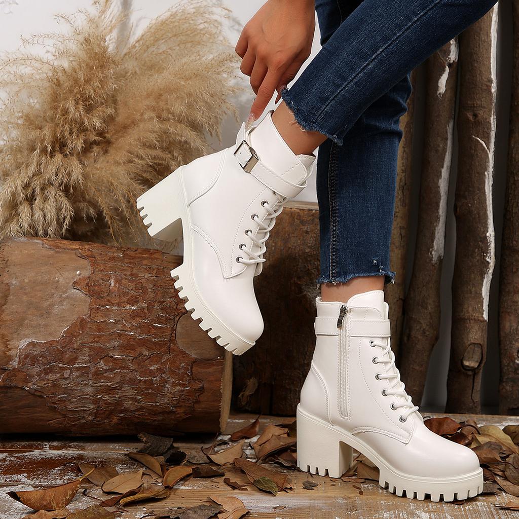 2025 autumn and winter new short boots belt buckle platform lace-up Martin boots women's British style thick heel boots women's shoes