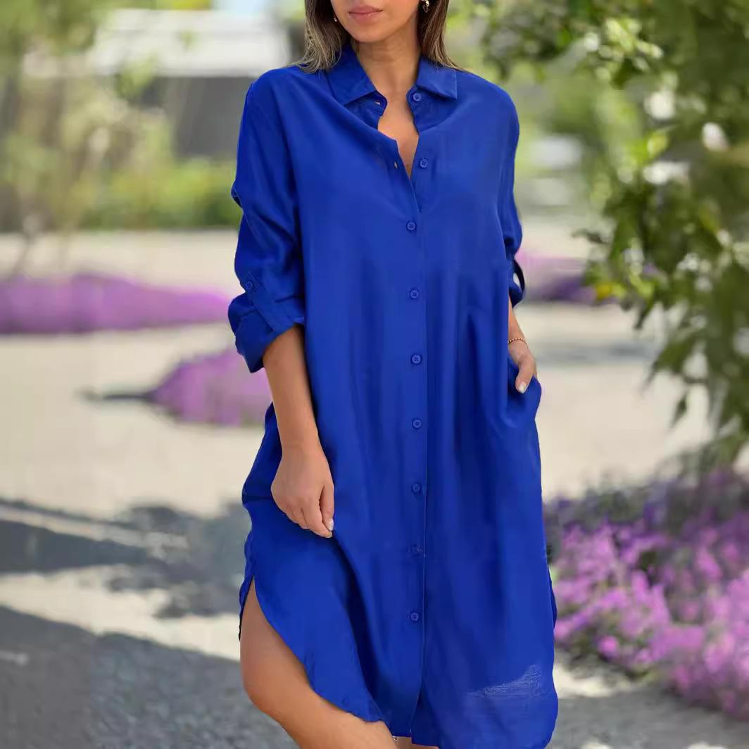 

GMXIA Women s Spring/Summer Fashion Casual Solid Colour Lapel Long Sleeve Shirt Dress XXL синій