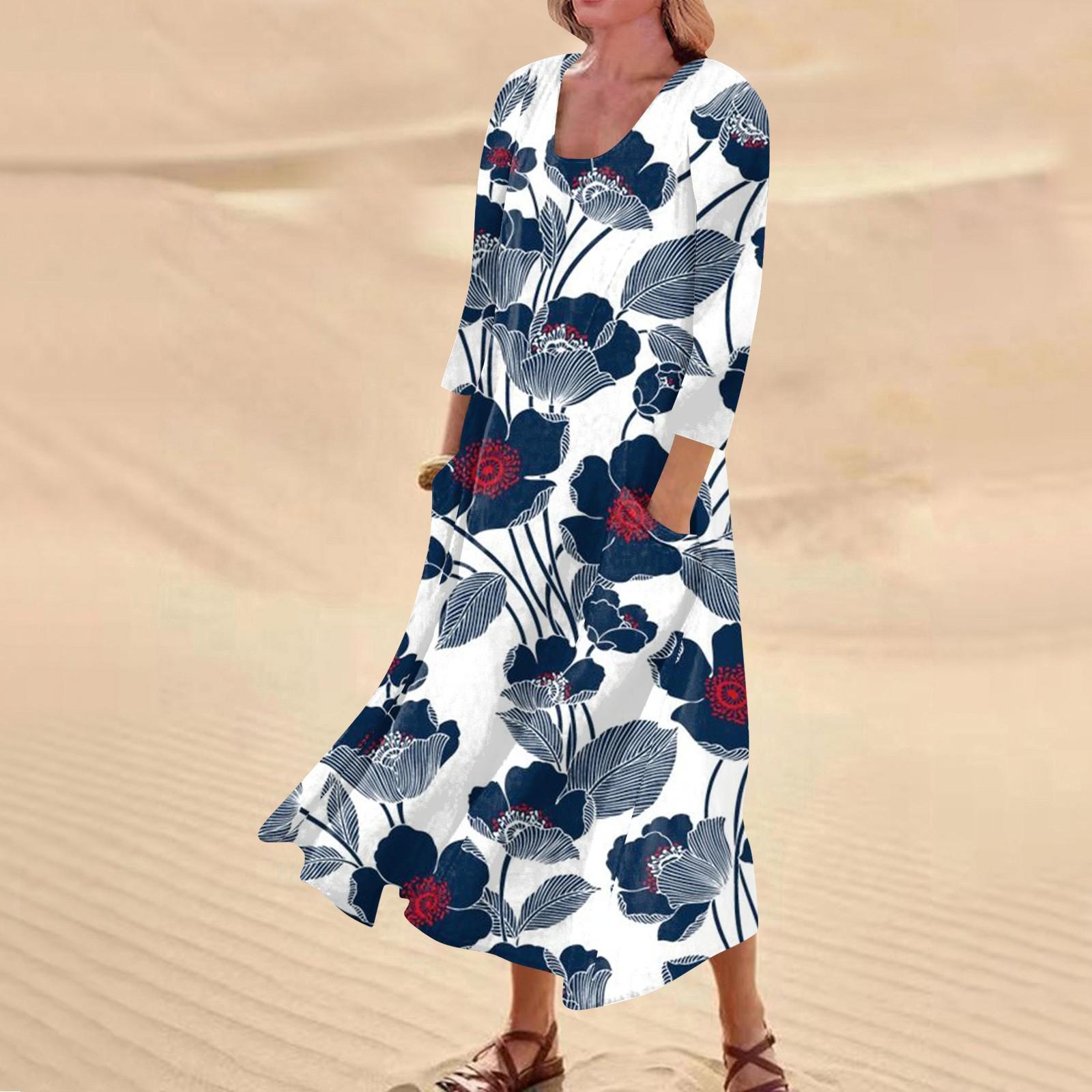 Женское повседневное удобное хлопковое карманное платье с цветочным принтом и рукавами — фото 8