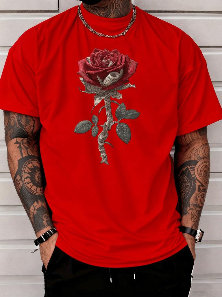 Unisex White Crew Neck Tee Dollar Rose Print Loose Oversized Short Sleeve Unisexs Streetwear Summer Casual Daily Basic Wear Top