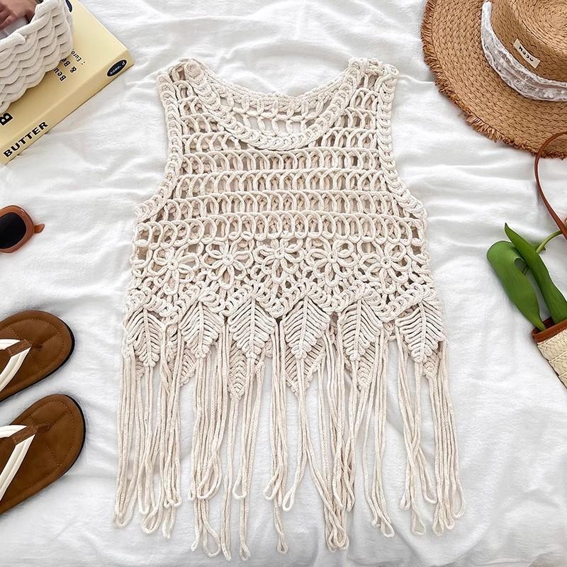 Literary and Artistic Solid Color Three-dimensional Hook-up Embroidered Lace Small Vest Large Size Women's Sleeveless Round Neck Casual Outer