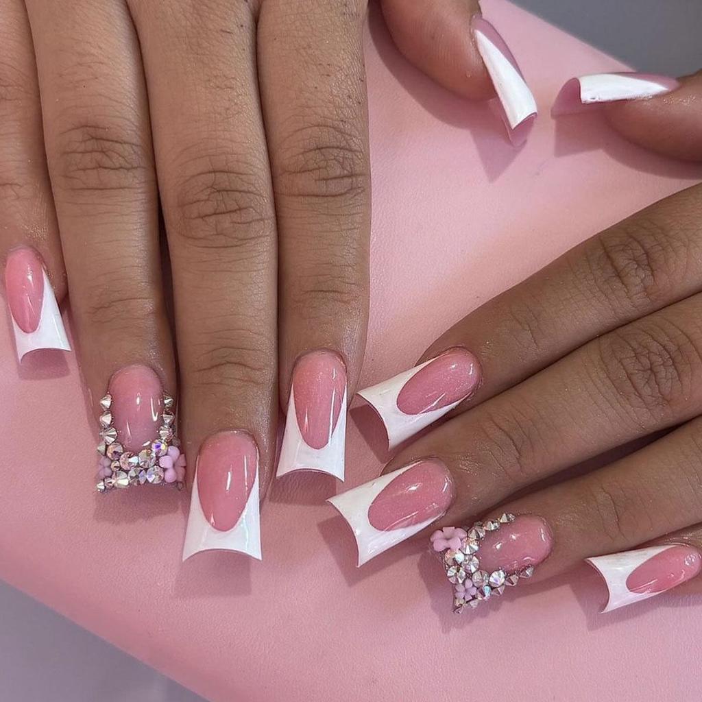 White French Tip Duckbill Press-On Nails with Five-Petal Flower & Rhinestones