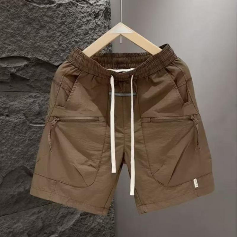 Men Casual Cargo Shorts Elastic Waist Drawstring Zipper Pocket Solid Color Outdoor Quick Dry Shorts