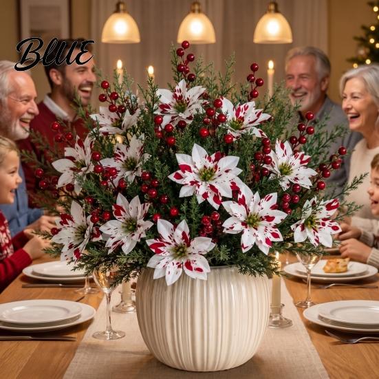 Red Petal Holiday Floral Decor Christmas Artificial Flowers, Faux Poinsettia Stems with Berries & Maintenance Free Seasonal Plants Pine Branches,