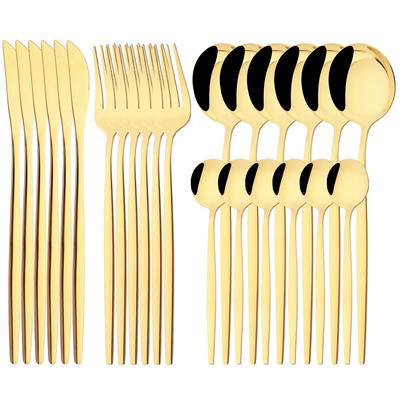 Western Stainless Steel Cutlery Set 24pcs Gold Dinnerware Set Mirror Silverware Knife Fork Spoon Tableware Flatware Set Dishwasher Safe