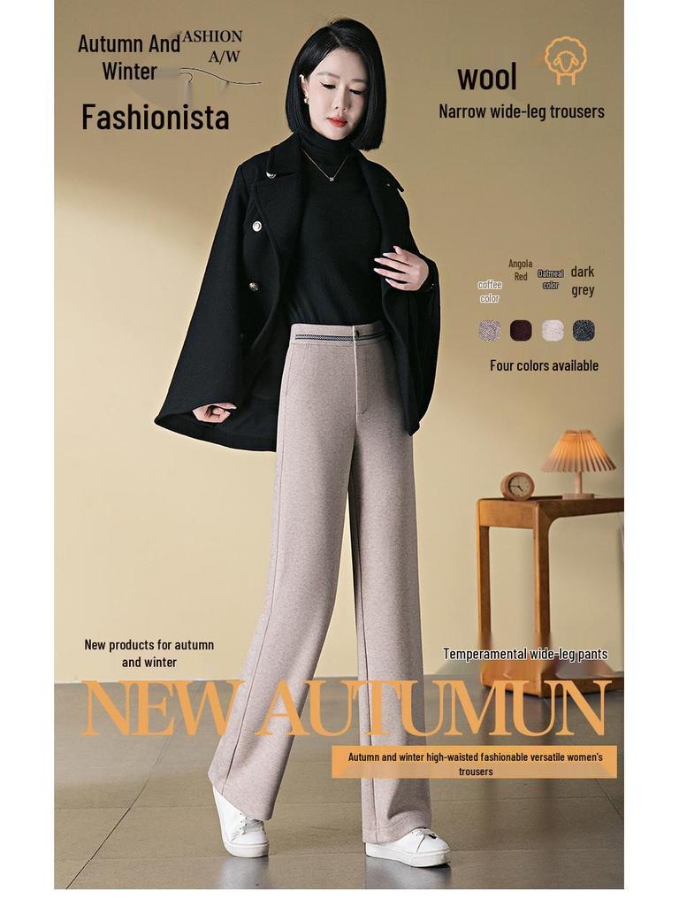 Women's High-Waisted Angola Red Wool Slim-Fit Warm Pants - Autumn/Winter