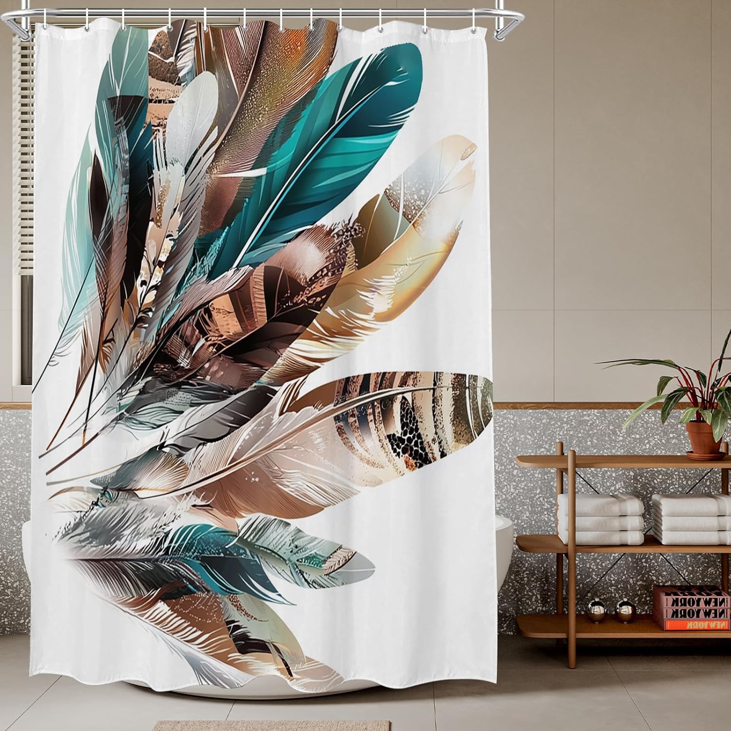 

Boho Feather Shower Curtain Colorful Feathers Pattern Artistic Tribal Style Waterproof Bathroom Decor Accessory With Hooks W60H190(CM)-1 Pcs