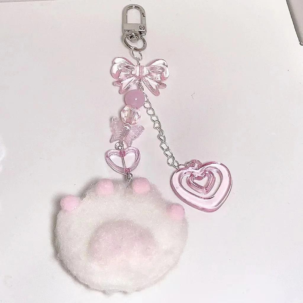 1/2pcs Cute Plush Cartoon Cat Claw Keychain Soft White Pink Key Ring Pendant Backpack Car Pendant Decoration Keyholder Lolita