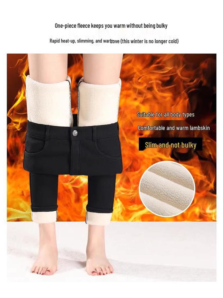 Damen Winter Fleecegefütterte Schwarze Leggings - Dicke Lammfleece Baumwolle, Slim Fit, Herbst/Winter 2025 Stil