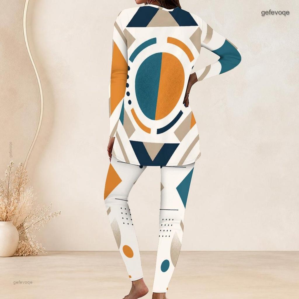 Women Plus Size Navy Blue Gold White Printed Round Neck Long Sleeve Longline Top Fitted Pants Two Piece Set