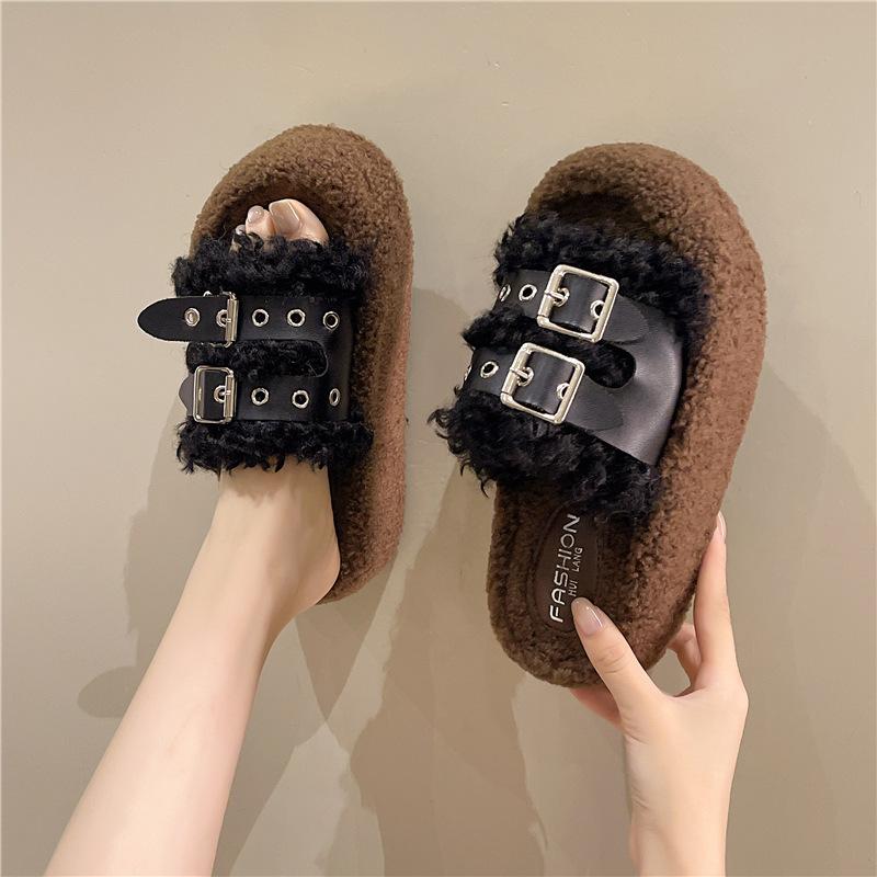 Thick-soled Mao Mao slippers women's outer wear 2025 new autumn and winter fashion belt buckle plush cotton drag net red Mao Mao shoes