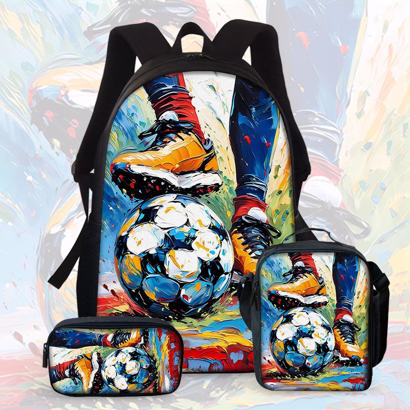 Football Cartoon Print Junior High School Backpack Three-Piece Children'S Schoolbag Primary School Backpack