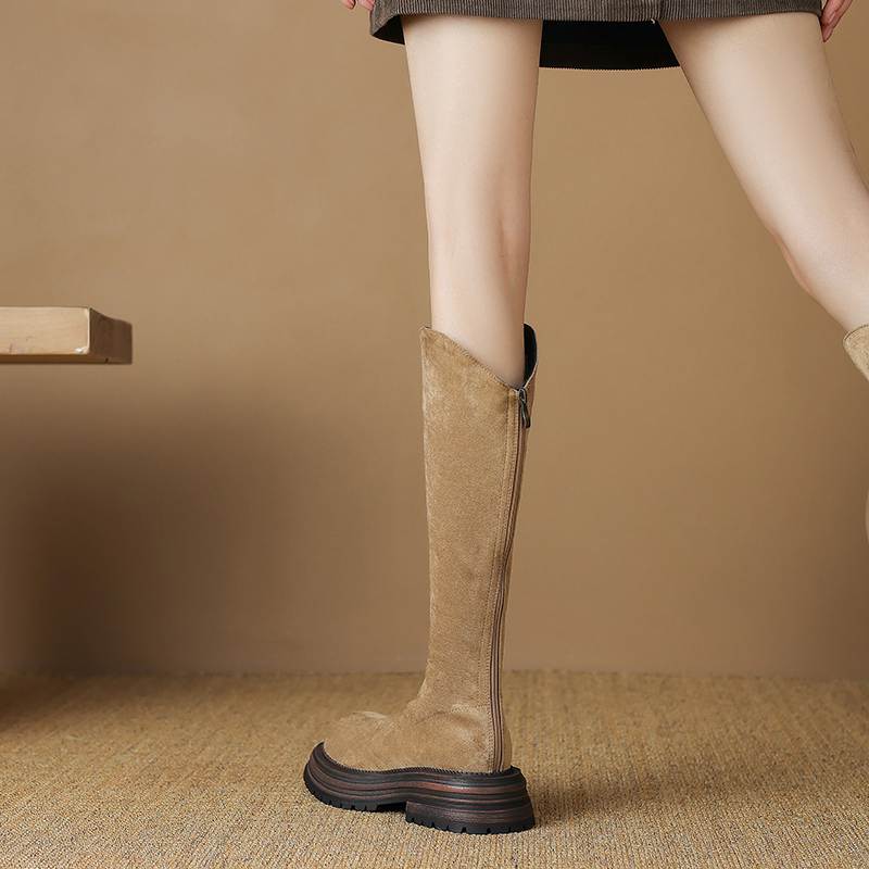 Krazing Pot Flock Autumn Winter Shoes Thick Med Heels Flat Platform Size 43 Modern Boots Stretch Knee Boots