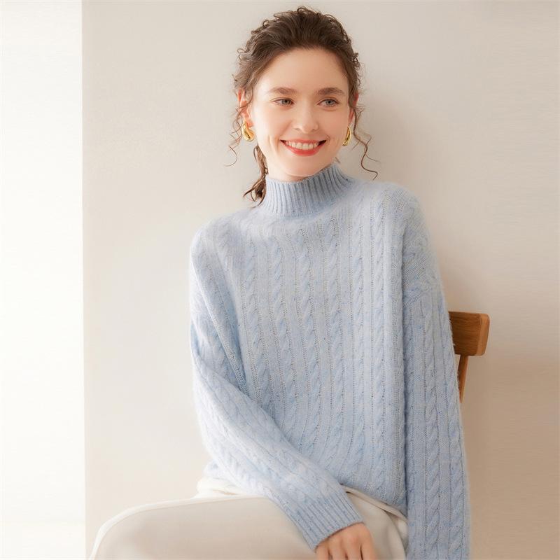 Lekasha Women's Cashmere Cable Knit Sweater - Loose Fit & Slimming Base Layer, Half-High Neck, Autumn/Winter.