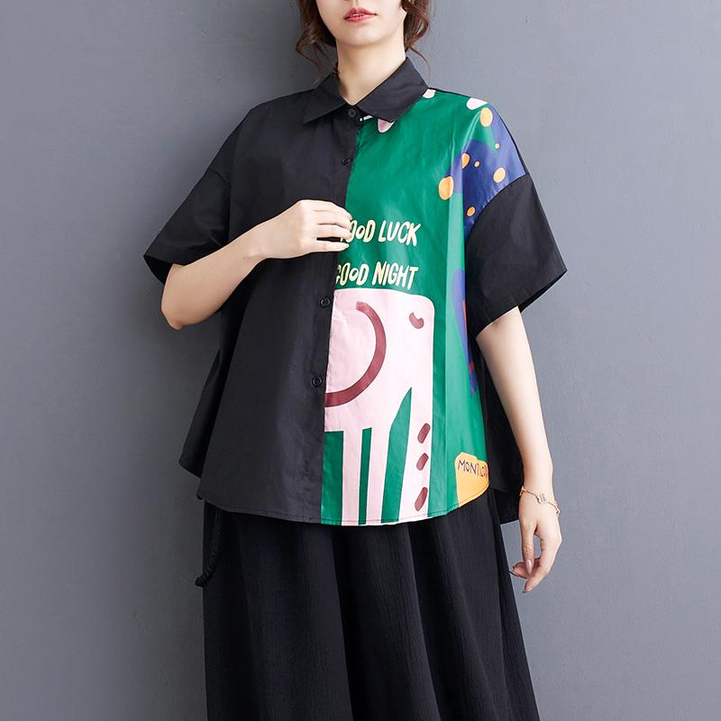 

DIMANAF 2024 Плюс Размер Новая Летняя Стильная Блузка Винтаж Ретро Дизайн Белая Повседневная Рубашка С Коротким Рукавом Женская Свободная Рубашка Рубашка С Принтом One Size чёрный