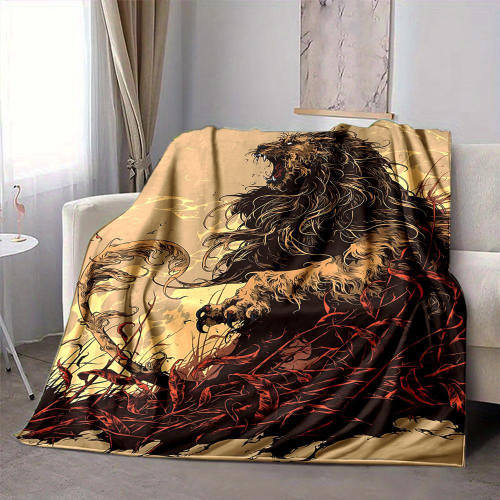 1pc Lion Wilderness Blanket, Lightweight Flannel Throw Blanket For Sofa, Bed, Travel, Camping, Living Room, Office, Couch, Chair, And Bed