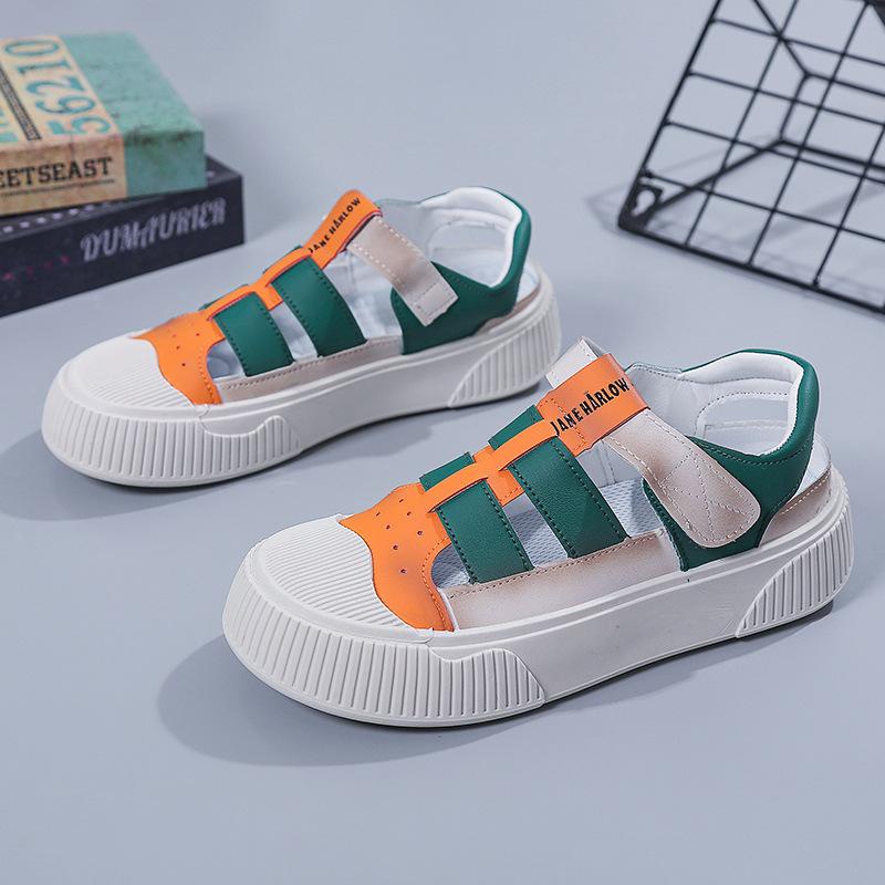 

Пустые туфли на липучке для детей 2025 года, новая летняя модная верхняя одежда, женская обувь, сумка на голову, платформа, повседневные универсальные сандалии 35