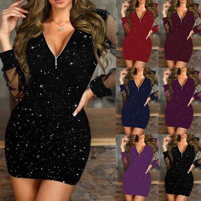 Women's Fashion Sequined Mesh Stitching Dress V-neck Zipper Bodycon Dress Party Elegant Long Sleeve Dress Formal Occasions Dress