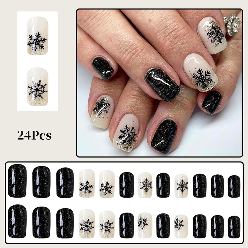 Christmas Press on Medium Square Fake Nails With Black Snowflakes Design - Glossy Glue on Winter Xmas Full Cover Acrylic Artificial Bling Gold