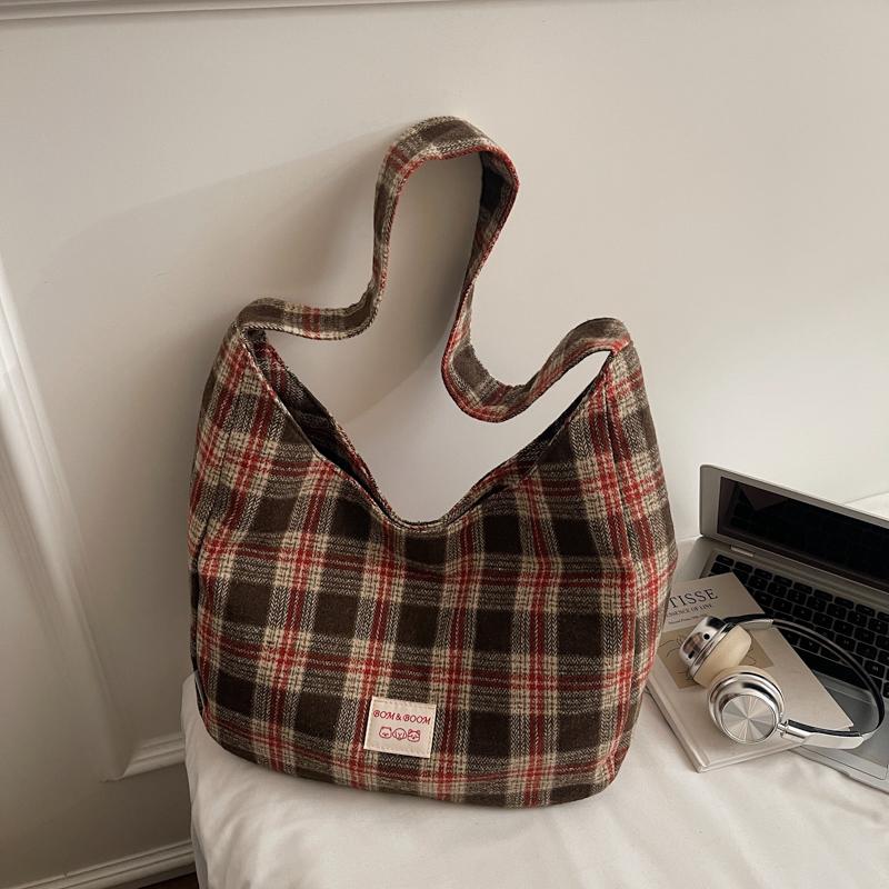 Vintage Plaid Handbag Lightweight Large Capacity Commuter Shoulder Bag