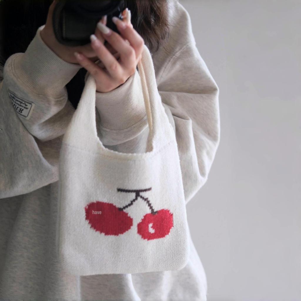 Chic Cherry Knitted Handbag: Versatile Small Hand-Held Bag for Women