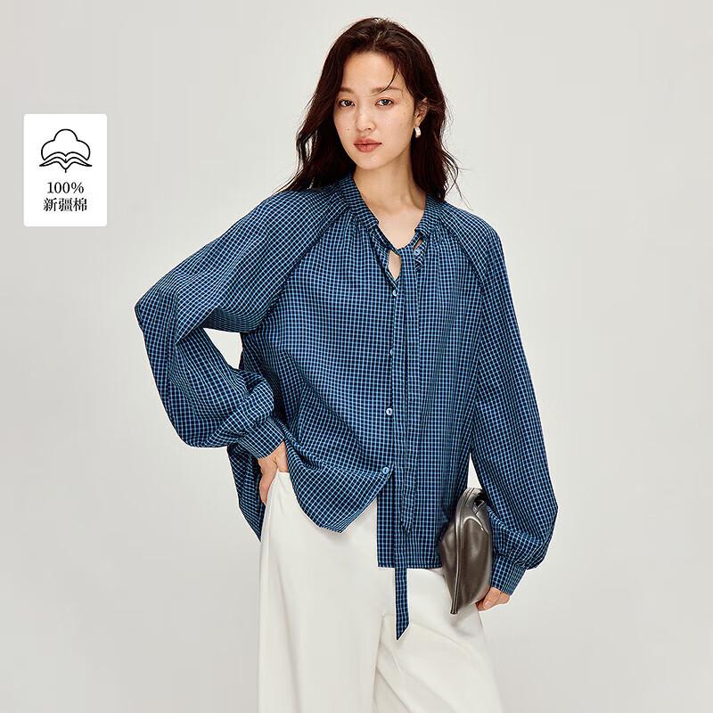 Женская синяя клетчатая рубашка с длинным рукавом и завязками спереди INMAN M