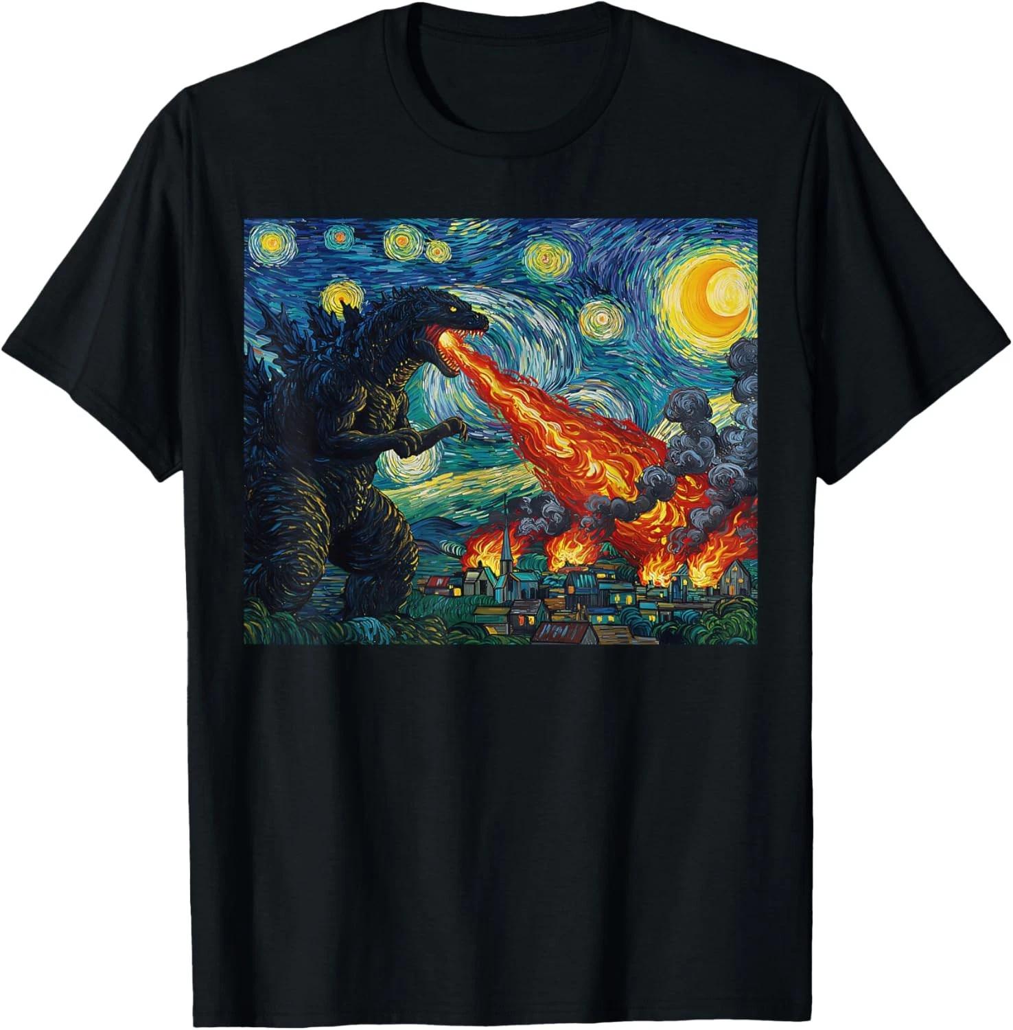 Funny Art Japanese Monster Kaiju in Van Gogh Starry Night T-Shirt unisex T-Shirt 3XL