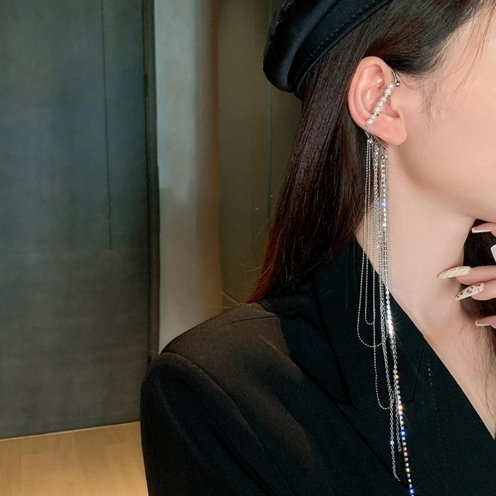Imitation Pearl Long Fringed Ear Clips Exaggerated Fake Cartilage Earrings  Commuting Accessories