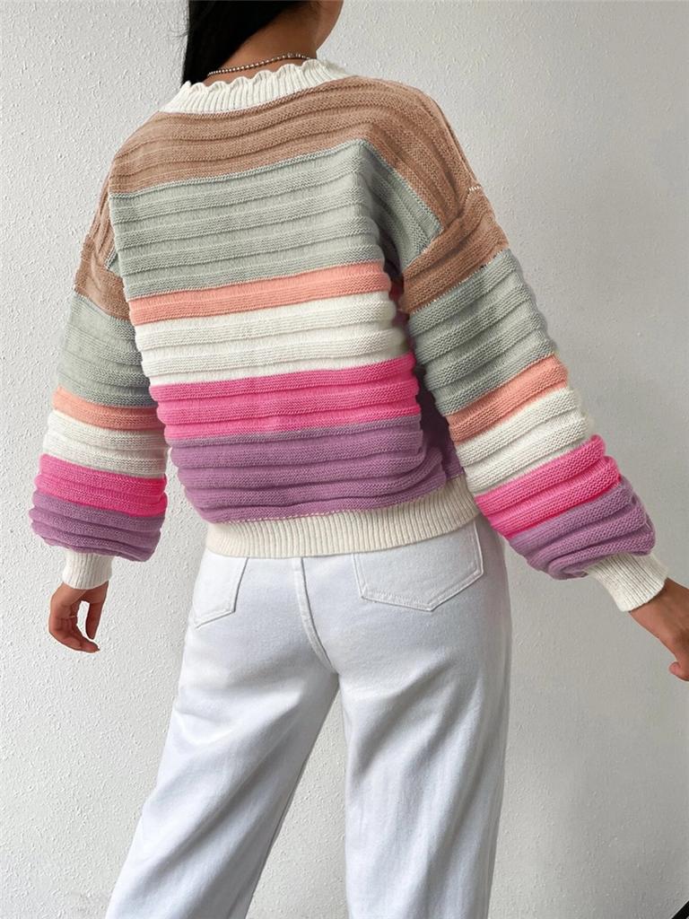 Regenbogenfarbener Strickmantel mit Laternenärmeln für Damen, Oversize-Pullover, Freizeitkleidung, trendig