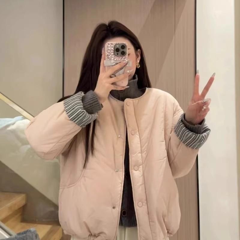 

Хлопковая одежда 2025 теплая зимняя мода новая свободная с круглым вырезом повседневная куртка с маленькой хлопковой подкладкой XL розовый