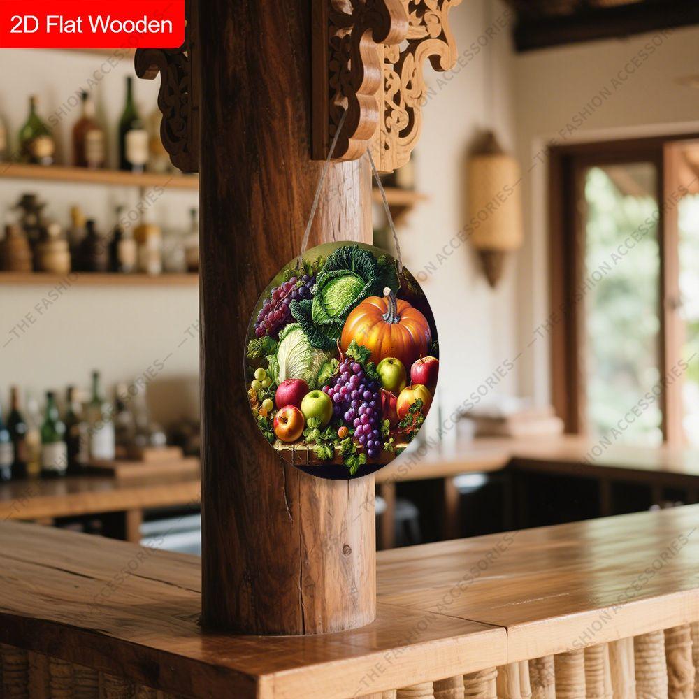 Autumn Fruit Vegetable Harvest Round Wooden Hanging Sign, 2D Flat Printed Farmhouse Wall Decor, Kitchen Door Hanging Ornament Gift