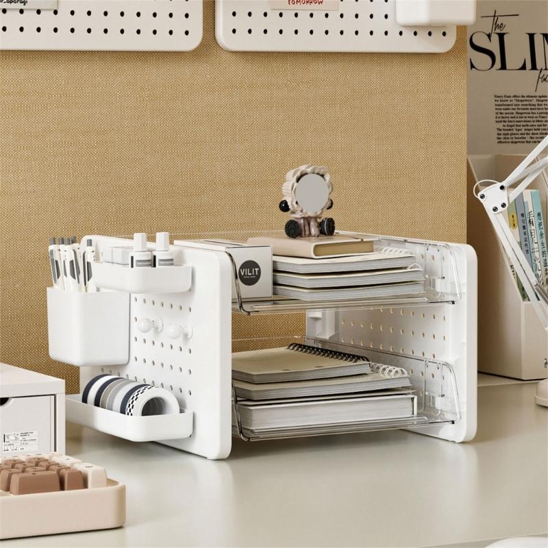 Multifunctional Desktop Organizer 2/3 Tiered File Tray Stackable Paper Letter Tray Organizers With Pen Cup and Pegboard