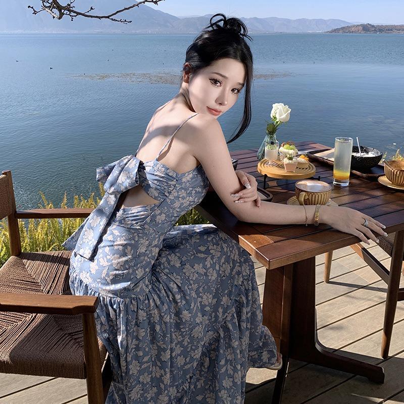 French One-word Shoulder Sexy Halter Bow Suspender Skirt Women s Floral Pleated Dress Seaside Vacation Beach Dress S