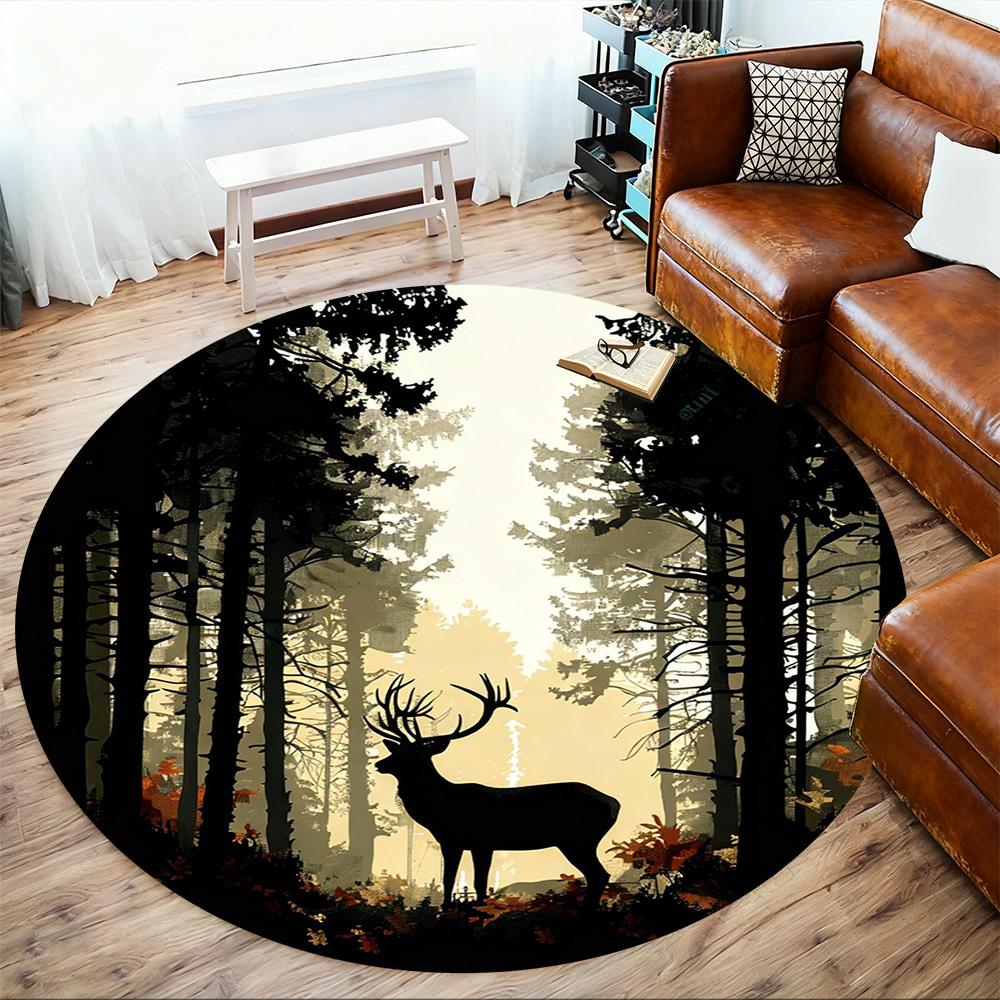 1pc Deer Forest Round Chair mat office Area Rug - Non-Slip, Floor Mat for Office, Bedroom, Ideal home decor gift c0112149